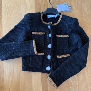 Self-Portrait Black Tweed Blazer with Gold Accents